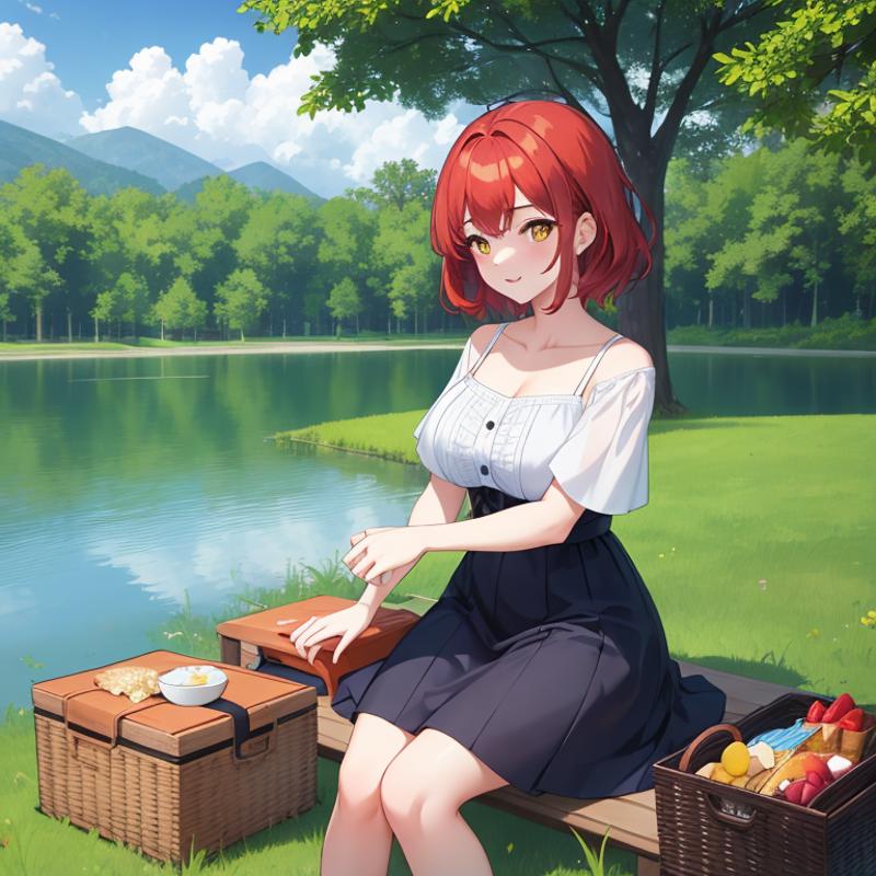 00152-2299588987-1Girl, mature, American, redhead, medium hair, yellow eyes, sitting on a picnic blanket near a lake, elegant summer dress, happy.png